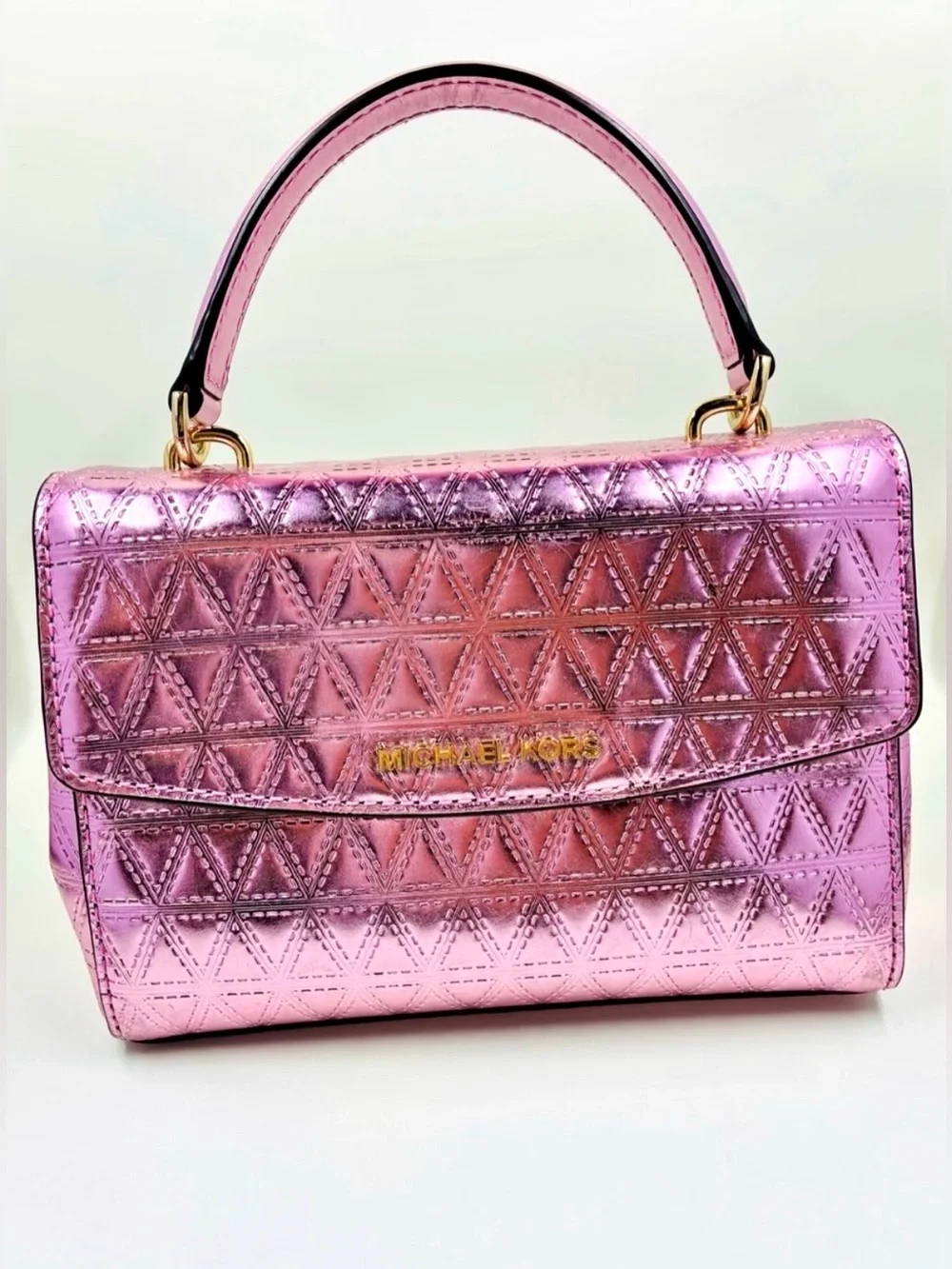 Michael Kors Pink Metallic Quilted Satchel Bag with handle. Shines!